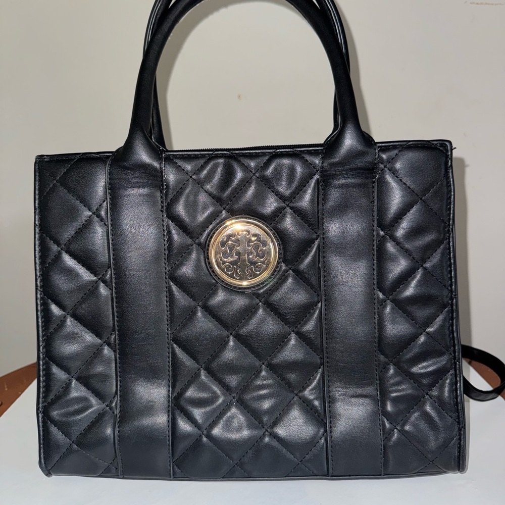 Black Quilted Handbag with Gold Accent